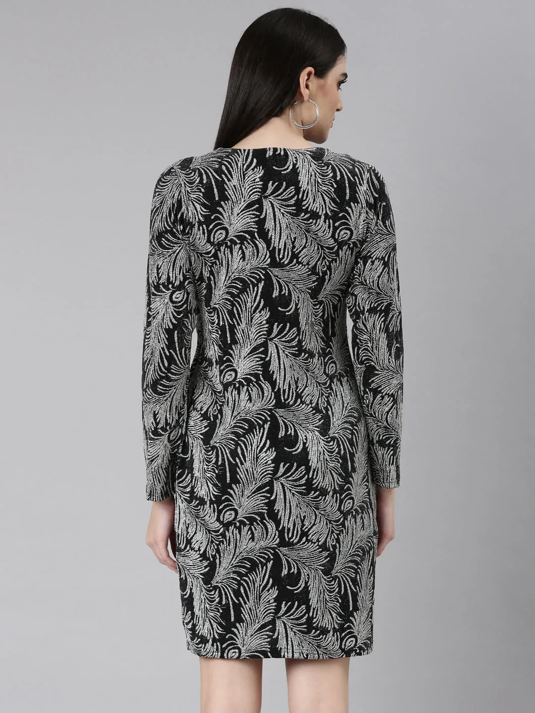 Women Silver Floral Printed Velvet Wrap Dress