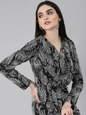 Women Silver Floral Printed Velvet Wrap Dress