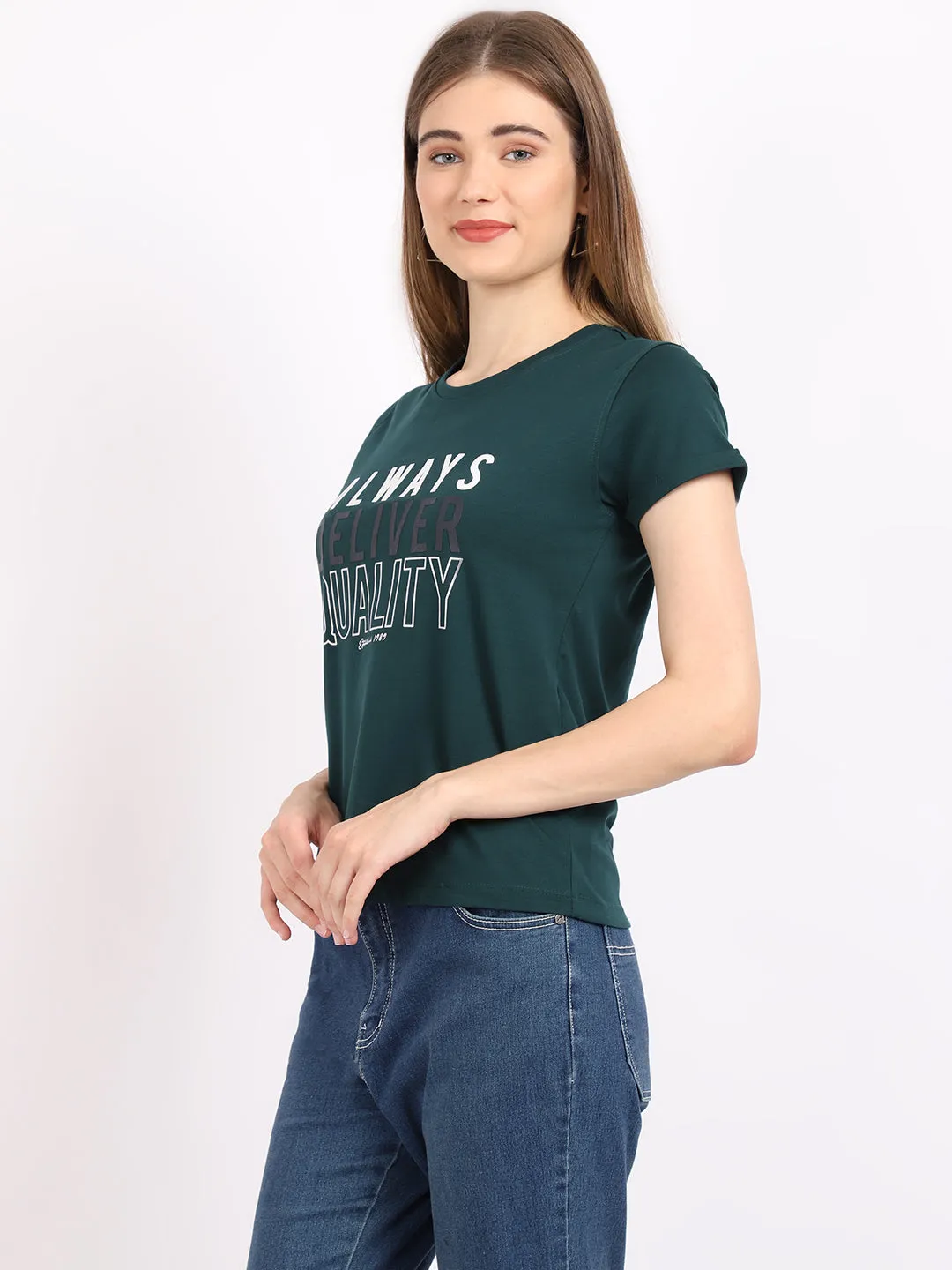 Women's Casual Regular Short Sleeve Bottle Green Round neck Typographic Print T-Shirt