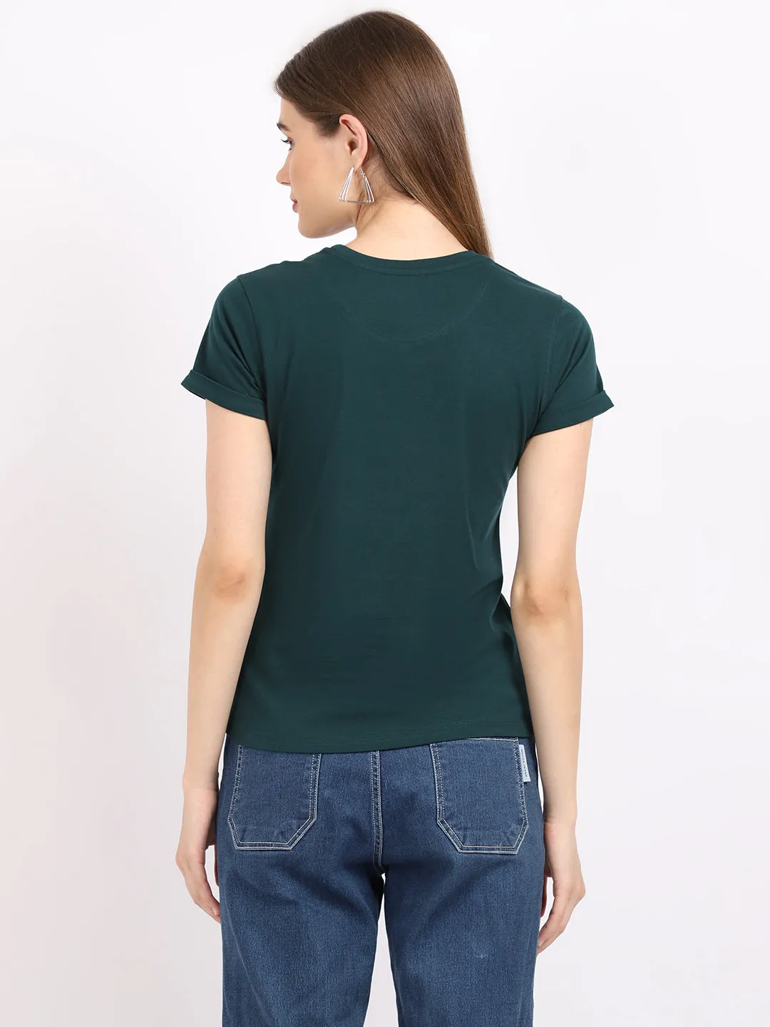 Women's Casual Regular Short Sleeve Bottle Green Round neck Typographic Print T-Shirt