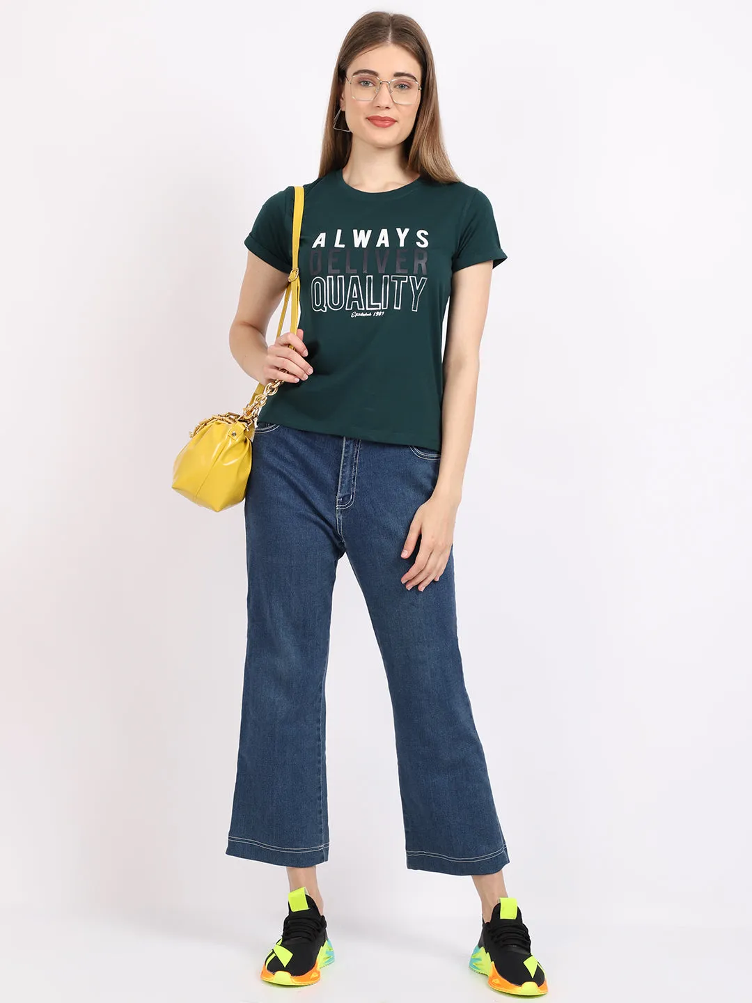 Women's Casual Regular Short Sleeve Bottle Green Round neck Typographic Print T-Shirt