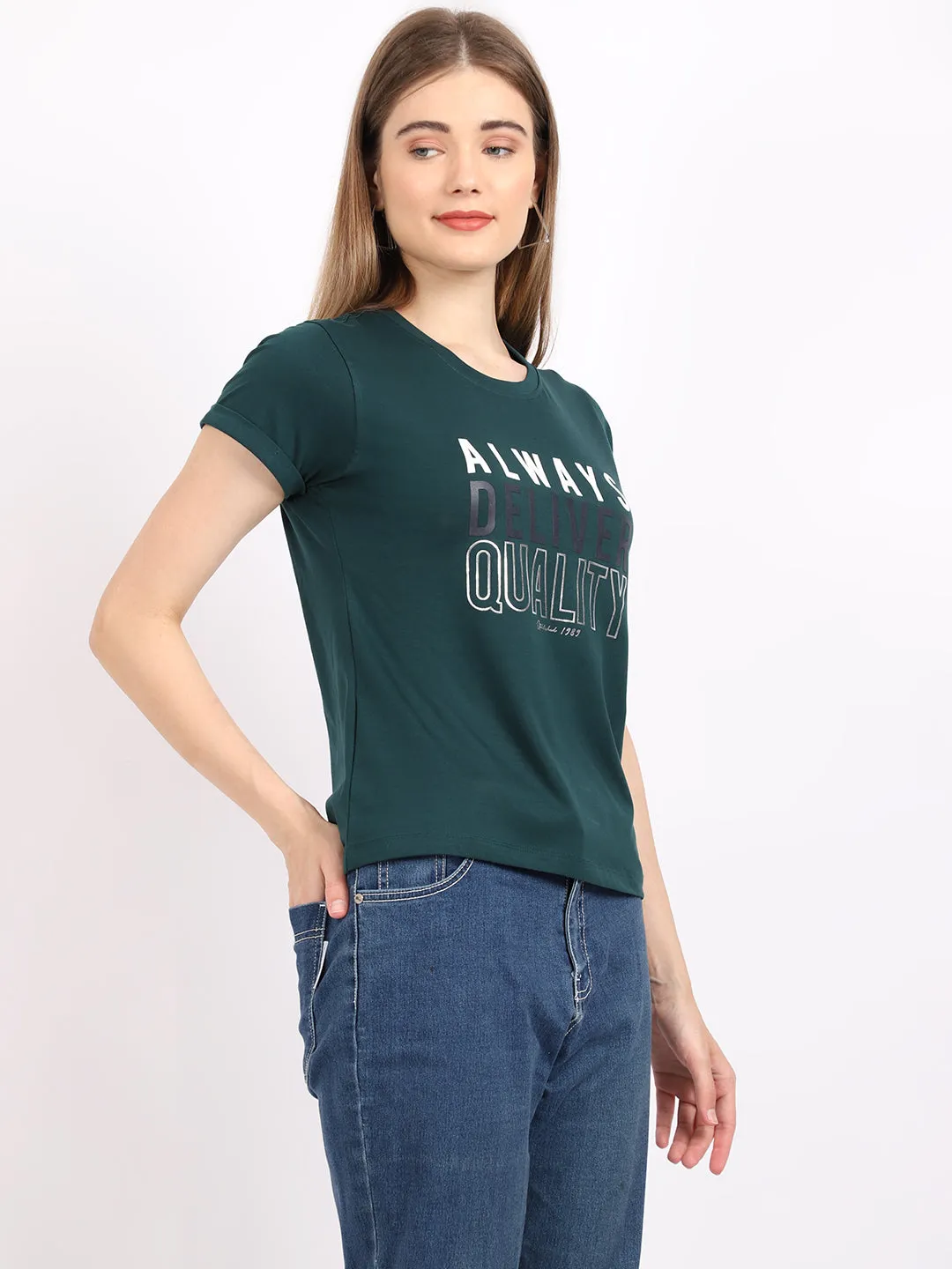 Women's Casual Regular Short Sleeve Bottle Green Round neck Typographic Print T-Shirt