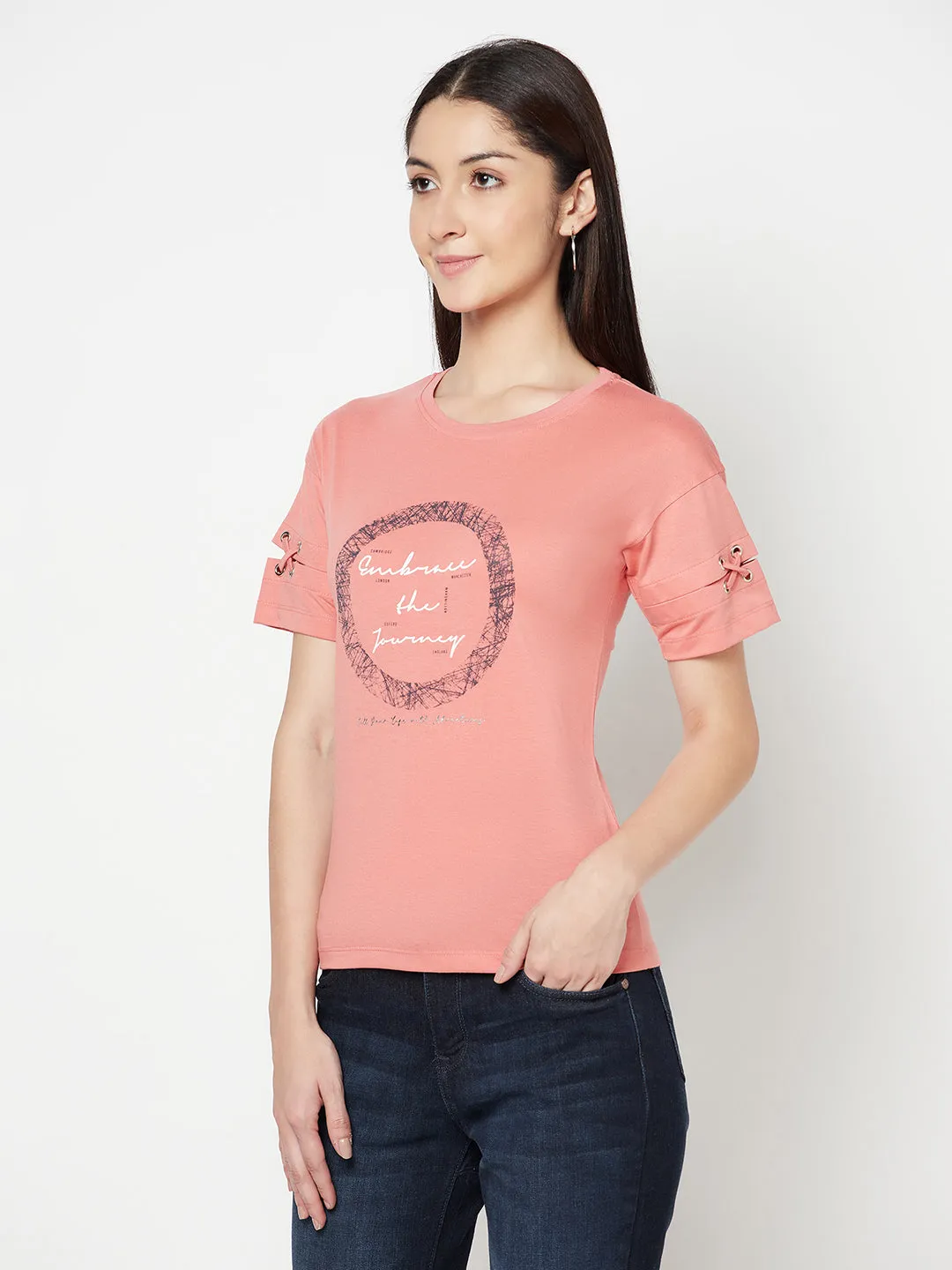 Women's Casual Regular Short Sleeve Coral Round neck Graphic Print T-Shirt