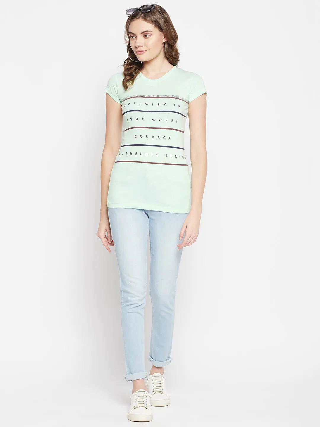 Women's Casual Regular Short Sleeve Light Green Round neck Typographic Print T-Shirt