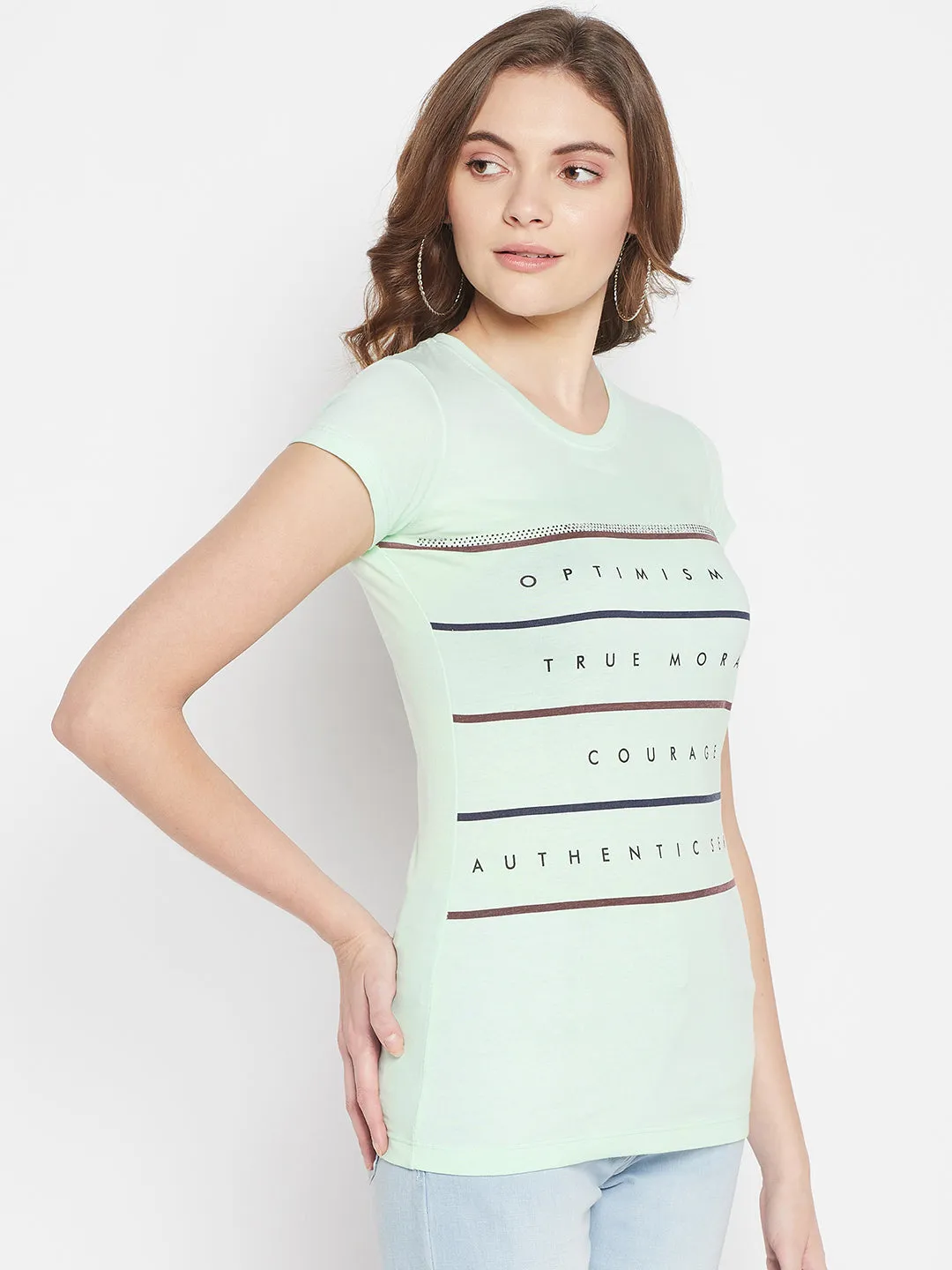 Women's Casual Regular Short Sleeve Light Green Round neck Typographic Print T-Shirt