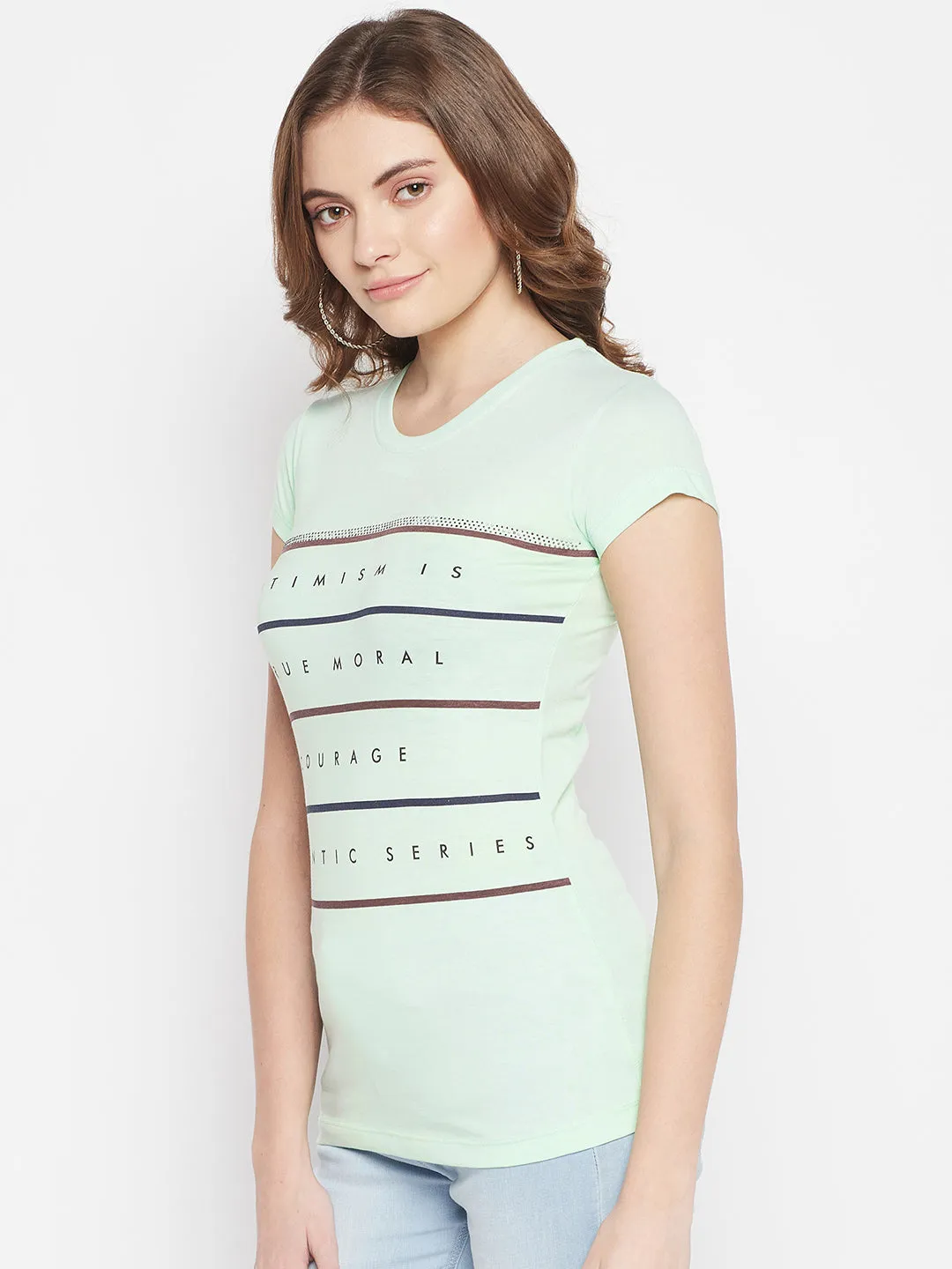 Women's Casual Regular Short Sleeve Light Green Round neck Typographic Print T-Shirt
