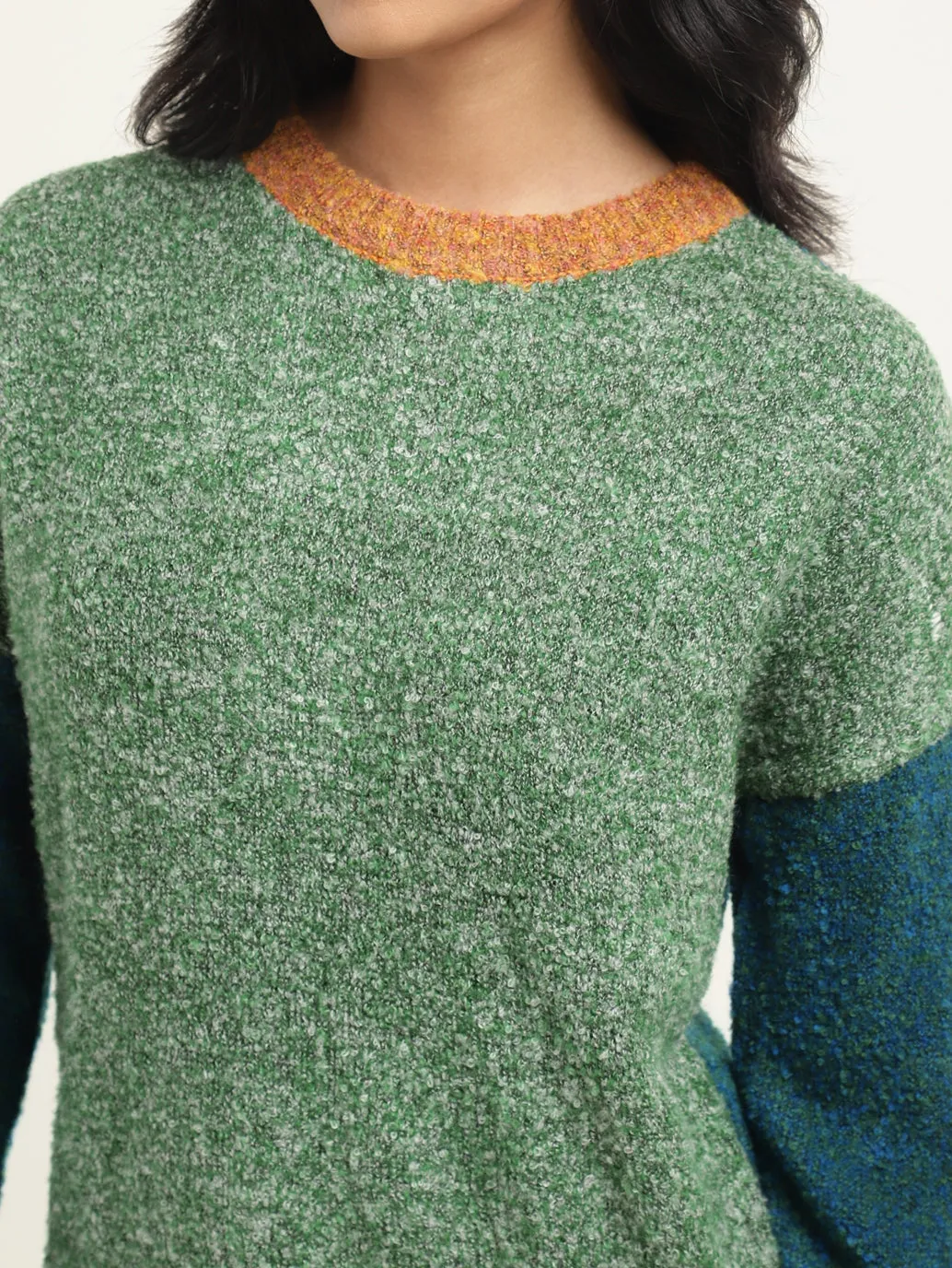 Women's Colorblock Green Crew Neck Sweater