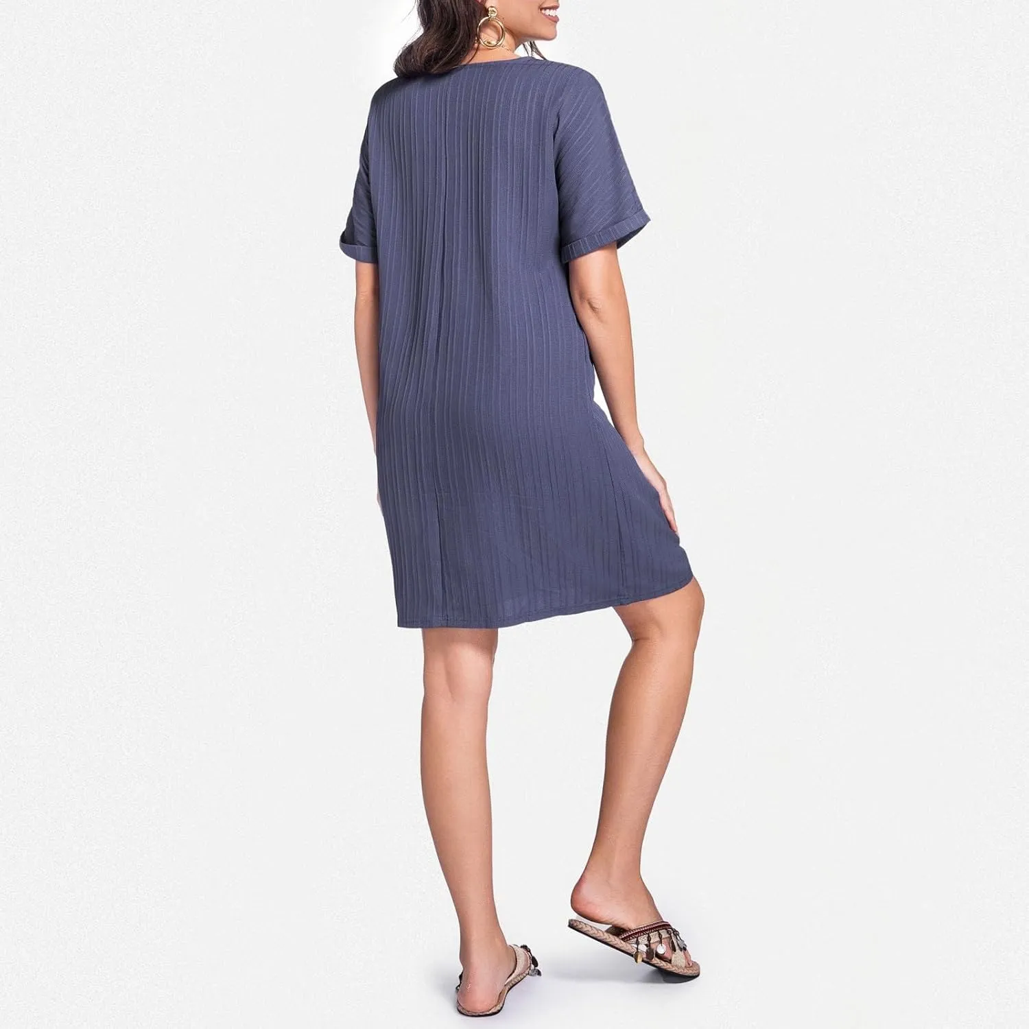Womens Cotton Shirt Dress 2025 Summer Casual Cap Sleeve Button V Neck Shift Dress Beach Cover Up Shirts with Pockets