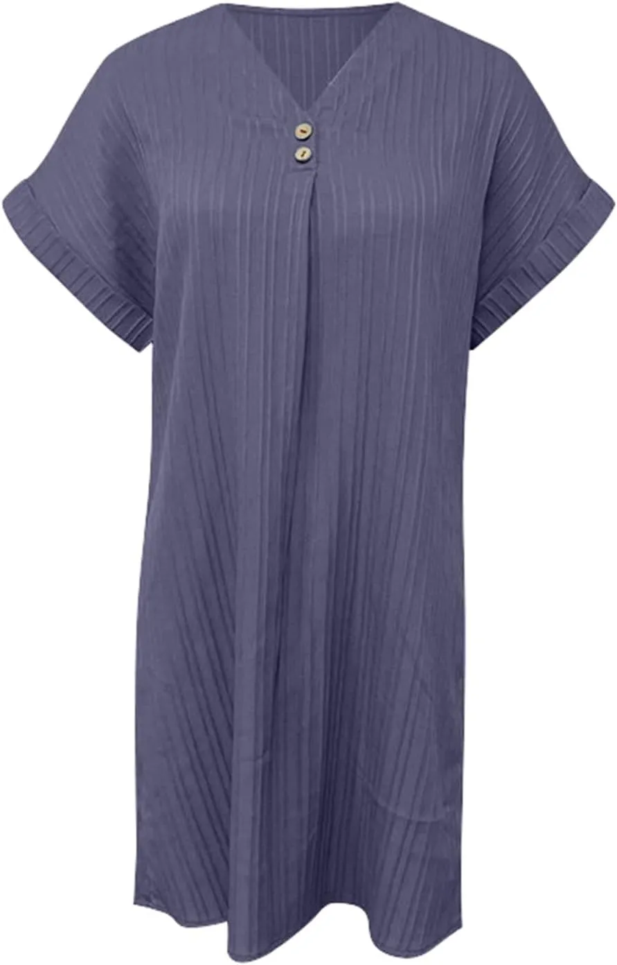 Womens Cotton Shirt Dress 2025 Summer Casual Cap Sleeve Button V Neck Shift Dress Beach Cover Up Shirts with Pockets
