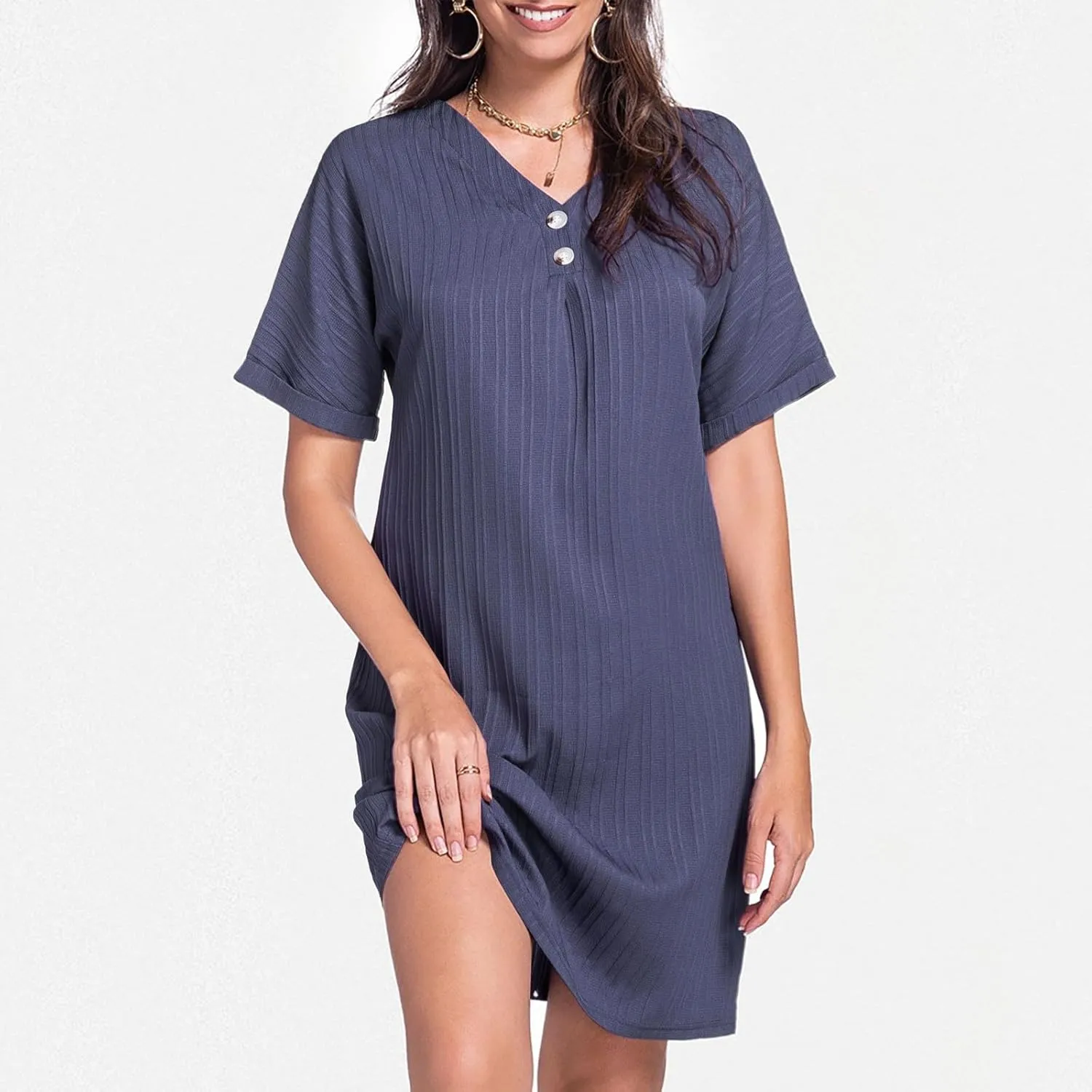 Womens Cotton Shirt Dress 2025 Summer Casual Cap Sleeve Button V Neck Shift Dress Beach Cover Up Shirts with Pockets