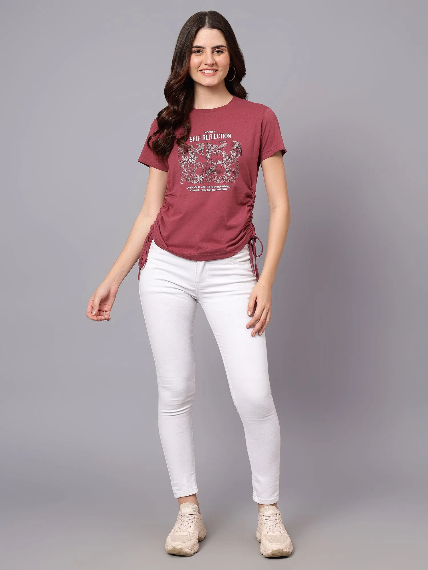 Women's Pink Printed Round Neck T-shirt