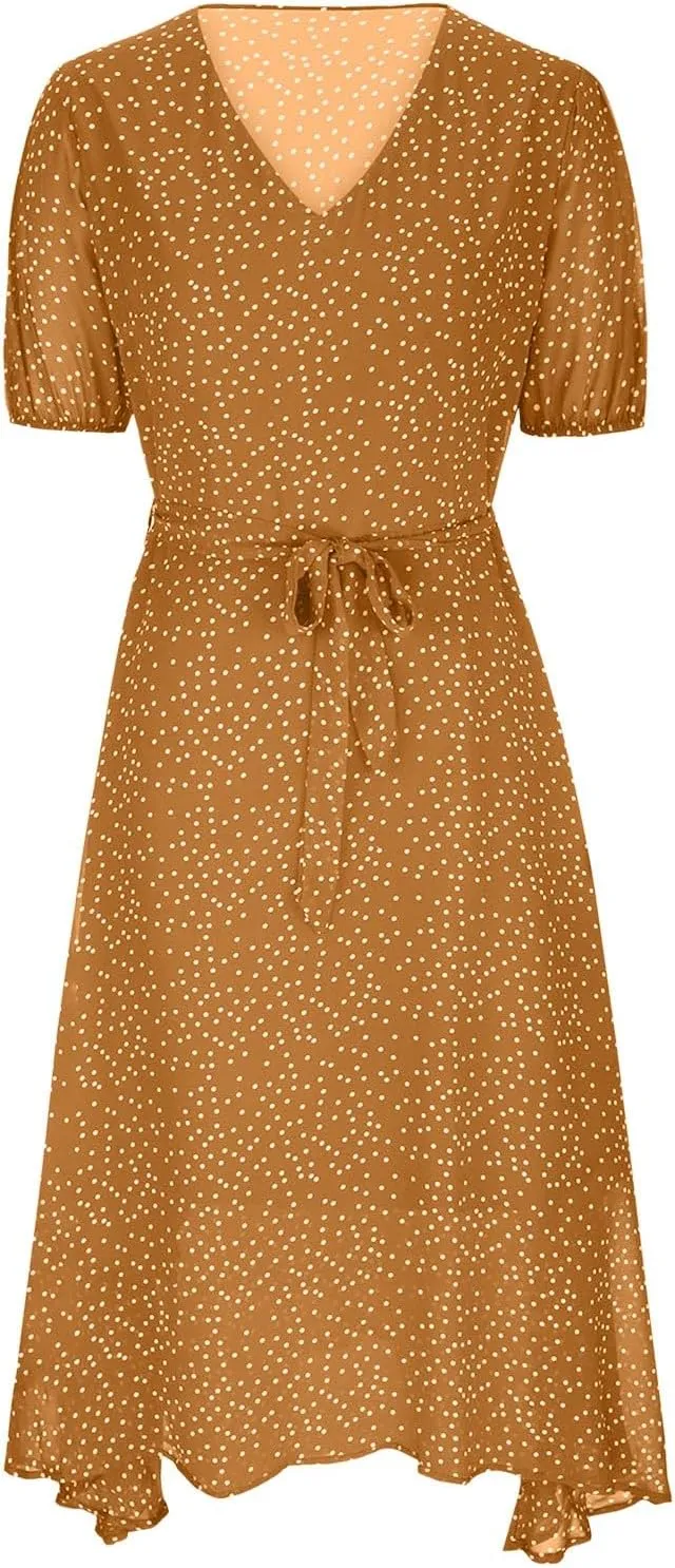 Womens Plus Size Casual Midi Boho Summer Dresses with Short Sleeves and Belt V-Neck Polka Dot Beach Vacation Sundress