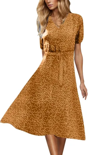 Womens Plus Size Casual Midi Boho Summer Dresses with Short Sleeves and Belt V-Neck Polka Dot Beach Vacation Sundress