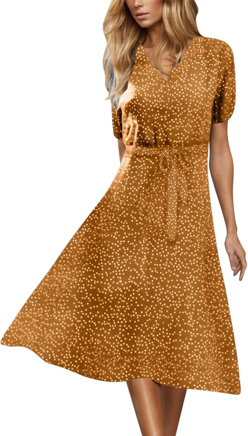 Womens Plus Size Casual Midi Boho Summer Dresses with Short Sleeves and Belt V-Neck Polka Dot Beach Vacation Sundress