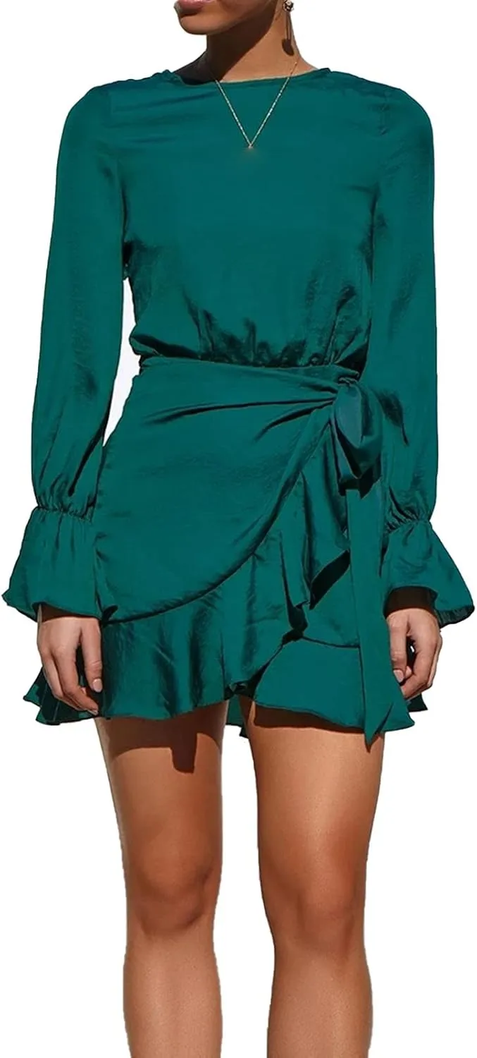Women's Sexy Round Neck Ruffle Long Sleeve Tie Waist Wrap Dresses Party Dress Casual A Line Swing Mini Wrap Dress