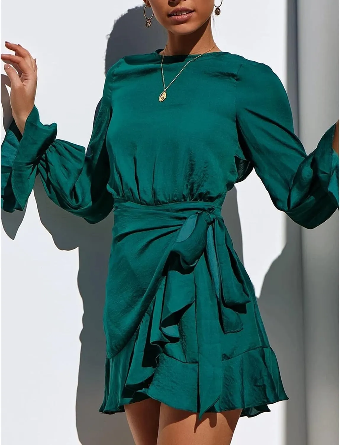 Women's Sexy Round Neck Ruffle Long Sleeve Tie Waist Wrap Dresses Party Dress Casual A Line Swing Mini Wrap Dress