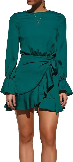 Women's Sexy Round Neck Ruffle Long Sleeve Tie Waist Wrap Dresses Party Dress Casual A Line Swing Mini Wrap Dress
